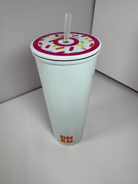 Dunkin Donuts 24oz. Donut Stainless Tumbler Twist Lid White w Sprinkles N Straw